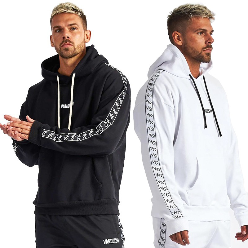VQ Sports Hoodie Men's Cotton Striped Casual Hooded Long Sleeve Top Fitness Training Sweatshirt