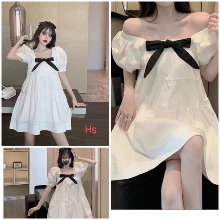 Váy Babydoll Trắng Nơ Đen Tay Bồng Cổ Chun Cute Hot Hit Đầm Nữ Dáng Lỡ Trễ Vai Cute Công Chúa Tiểu Thư Bánh Bèo