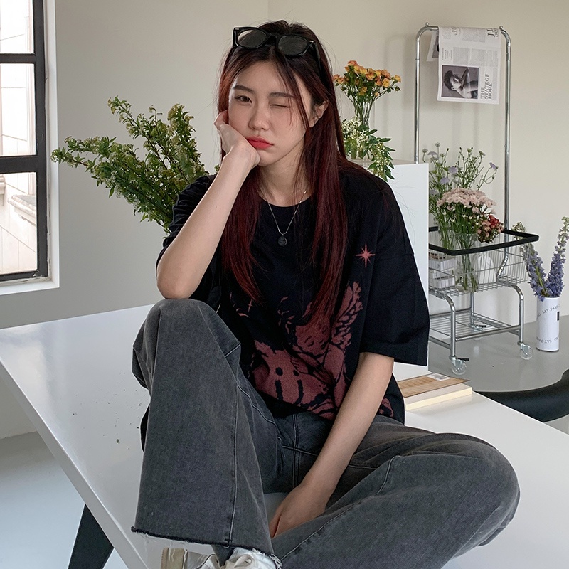 SUXI Áo Thun Nữ Ngắn Tay Cổ Tròn In Hình Thiên Thần Phong Cách Thể Thao