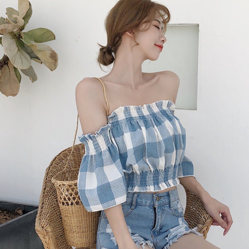 Áo Croptop Tay Ngắn Trễ Vai Sọc Caro Cho Nữ 1the9