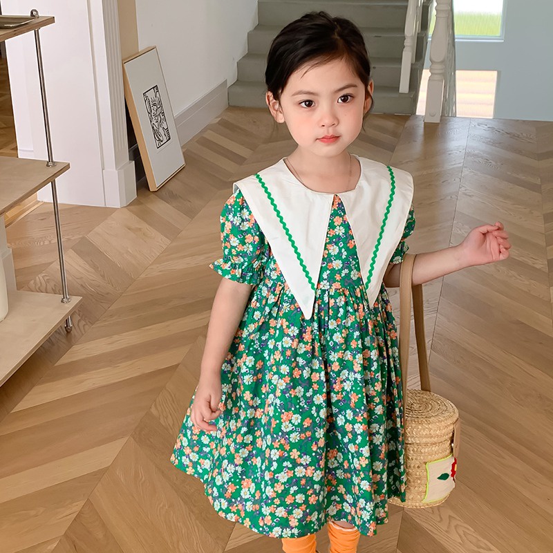 Đầm Công Chúa Tay Phồng Cổ Bẻ In Họa Tiết Hoa Phong Cách Hàn Quốc Thời Trang Mùa Hè Xinh Xắn Cho Bé Gái