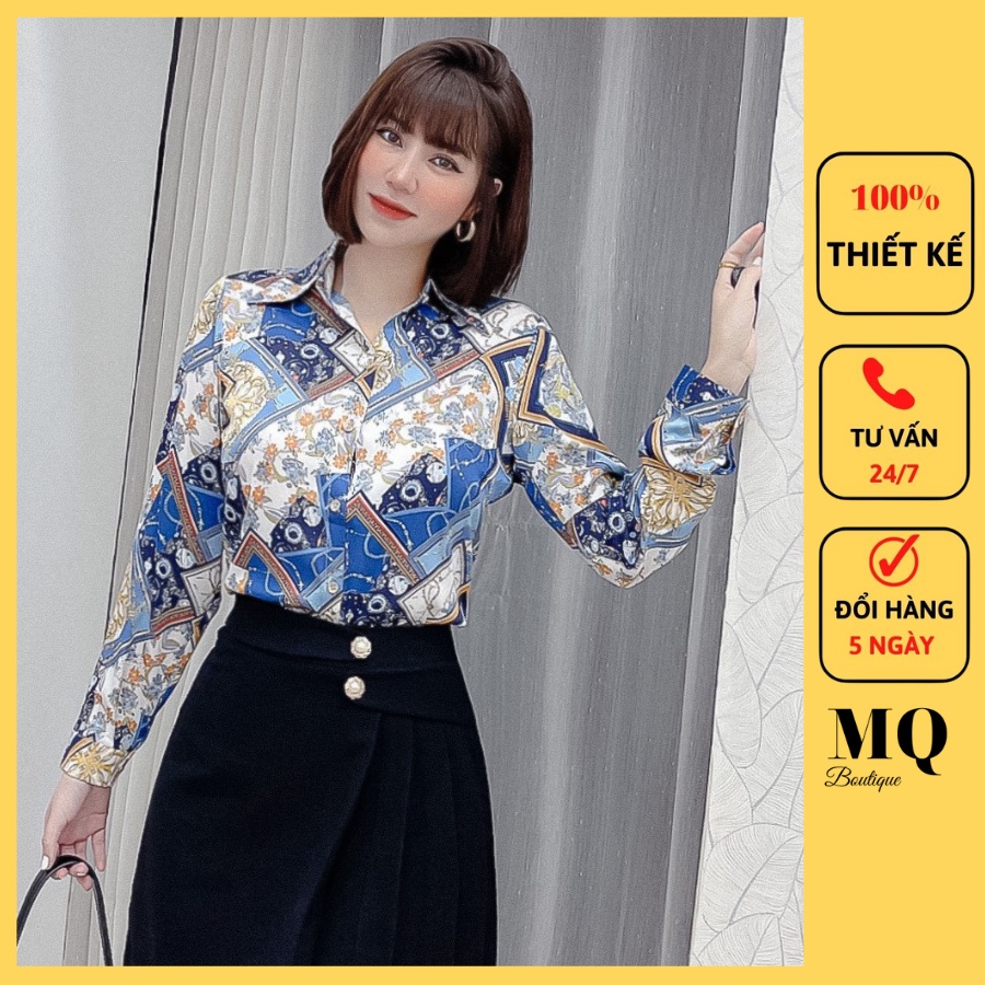Áo sơ mi nữ lụa dài tay cao cấp công sở họa tiết hoa nhỏ cam hình xanh pastel trắng, áo sơ mi thiết kế MQ Boutique