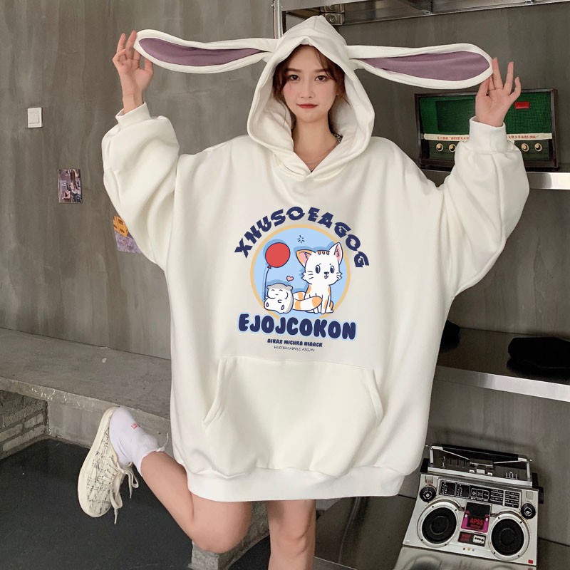 Áo hoodie tay dài không có túi nón có tai thỏ dài hình mèo ulzzang ( 2 màu )