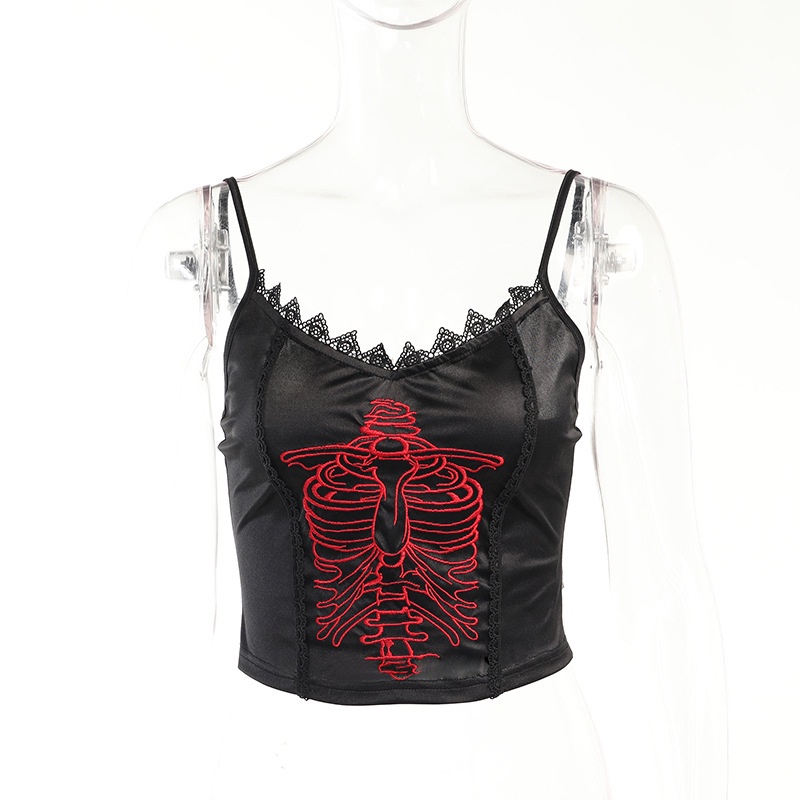 Áo Tank Top Thêu Ren Có Dây Đeo Phong Cách Tối D0331