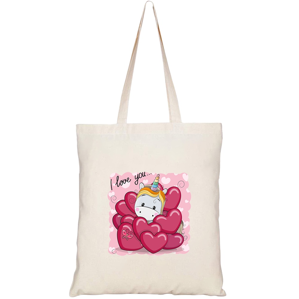 Túi vải tote canvas HTFashion in hình valentine card cute cartoon unicorn HT456