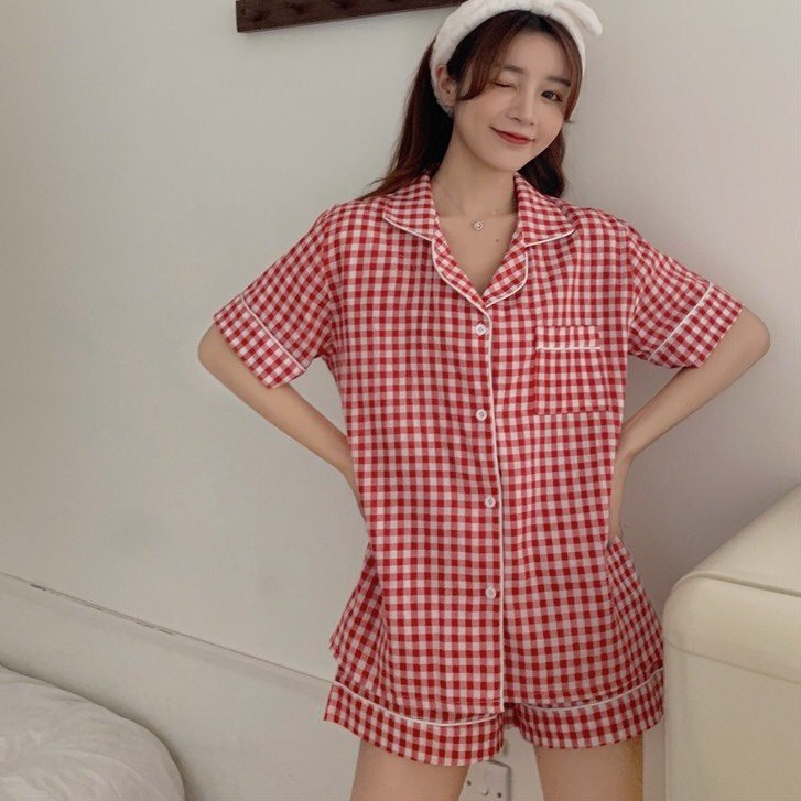 Set Pijama Cộc Tay Kẻ Caro PEONYB Nữ [FREESHIP] Bộ đồ ngủ mặc ở nhà, áo thun form rộng kèm quần short cá tính Ulzzang