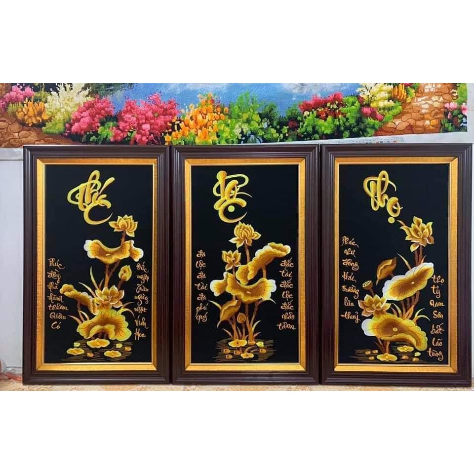 Tranh thêu Phúc Lộc Thọ kim sắc kích thước 60x40cm (thành phẩm)