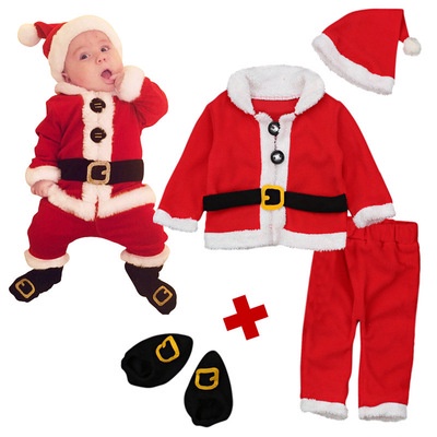 Bộ đồ Giáng Sinh 4 món hóa trang ông già Noel gồm áo khoác lông cừu tay dài + quần + mũ + giày cho cho bé từ 3-18 tháng