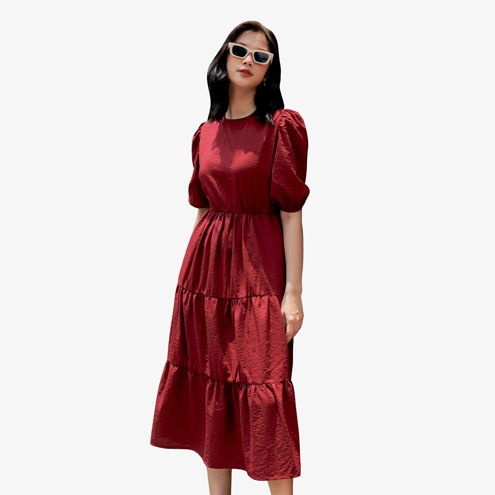 Đầm tầng nữ YV LE & CO vải Rayon màu đỏ nhẹ nhàng