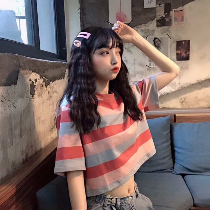 Women Korean Striped Short Sleeve Crop Tops | BigBuy360 - bigbuy360.vn