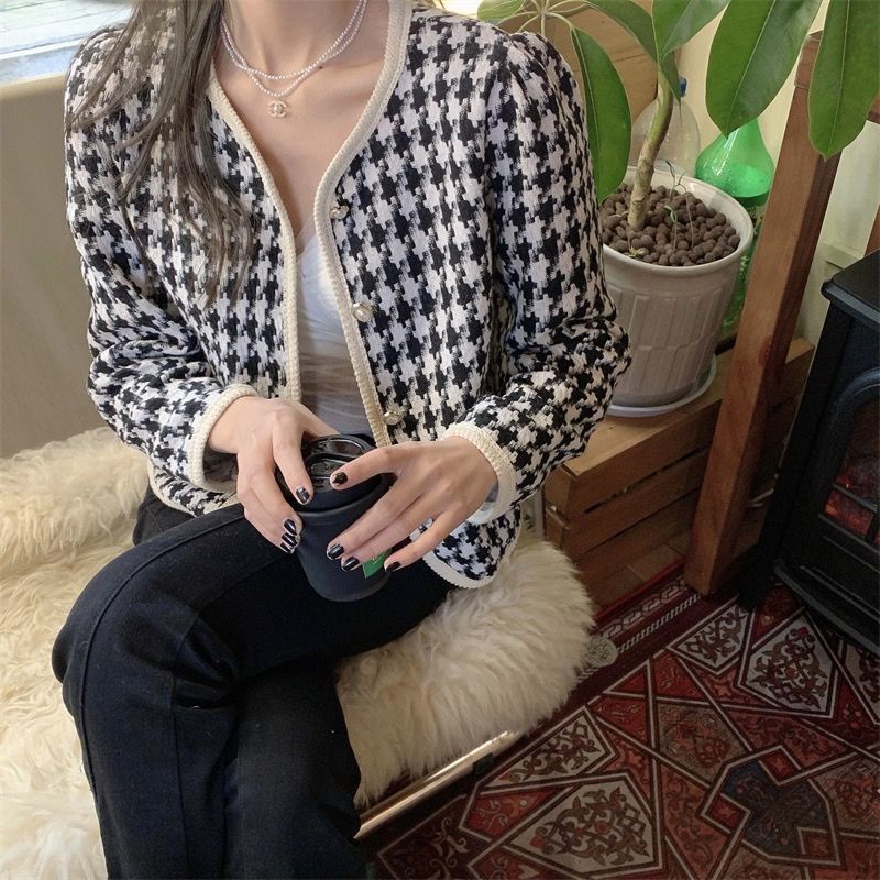 Áo Khoác Cardigan Dáng Ngắn Sọc Ca Rô Màu Tương Phản Thời Trang 2022 Cho Nữ