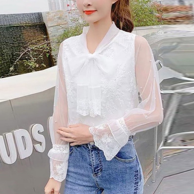 Áo Kiểu Tay Dài Phối Ren Hoa Thiết Kế Màu Trơn Thanh Lịch