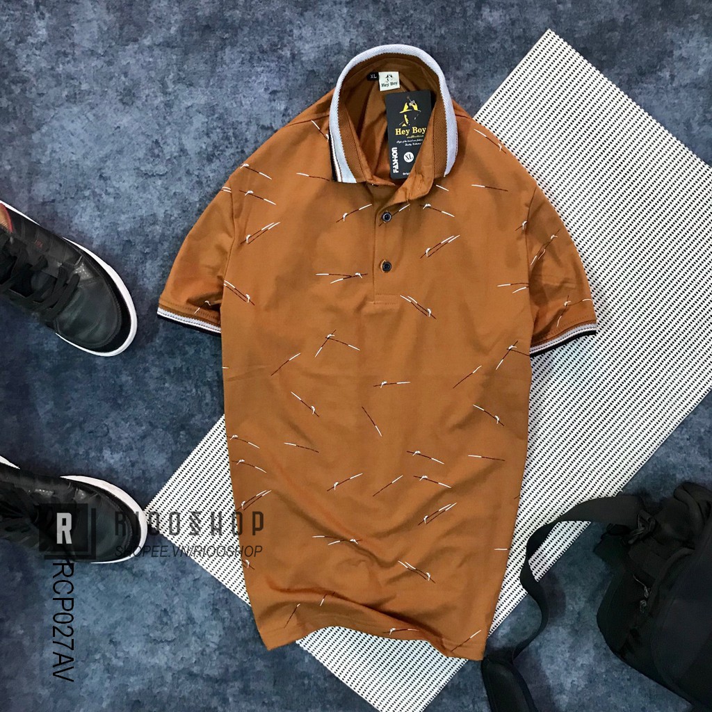 Áo thun nam polo cotton Heyboy ngắn tay phối họa tiết cực đẹp RCP027AV - áo phông nam form rộng Riooshop | BigBuy360 - bigbuy360.vn