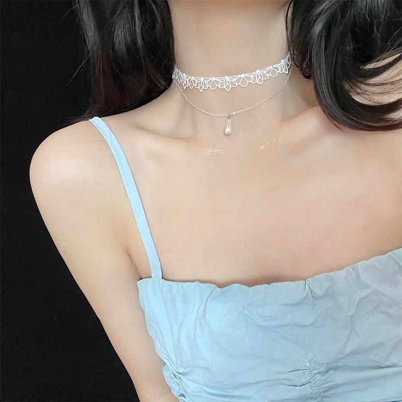 Vòng Cổ Choker Hai Lớp Đính Hạt Ngọc Trai Thời Trang
