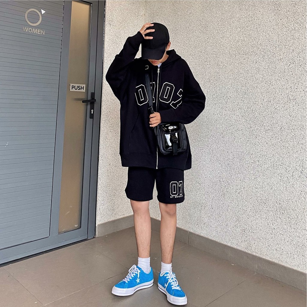 Set Áo Khoác Nỉ Bông x Short Nỉ Thêu 07.07 Black Unisex