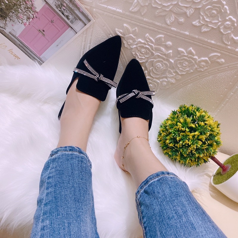 Dép sục nơ đá mũi nhọn chất nhung mịn cực đẹp hàng vnxk