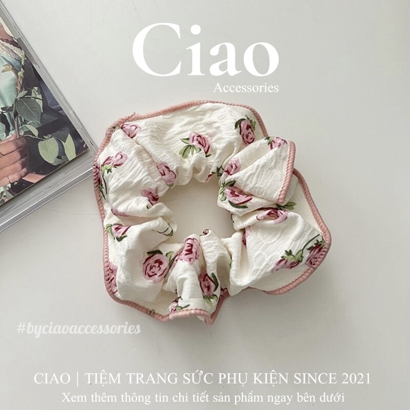 [HOẢ TỐC 1H] Dây buộc tóc/ Scrunchies hoa hồng viền chỉ thêu xinh xắn mã 06 Ciao accessories