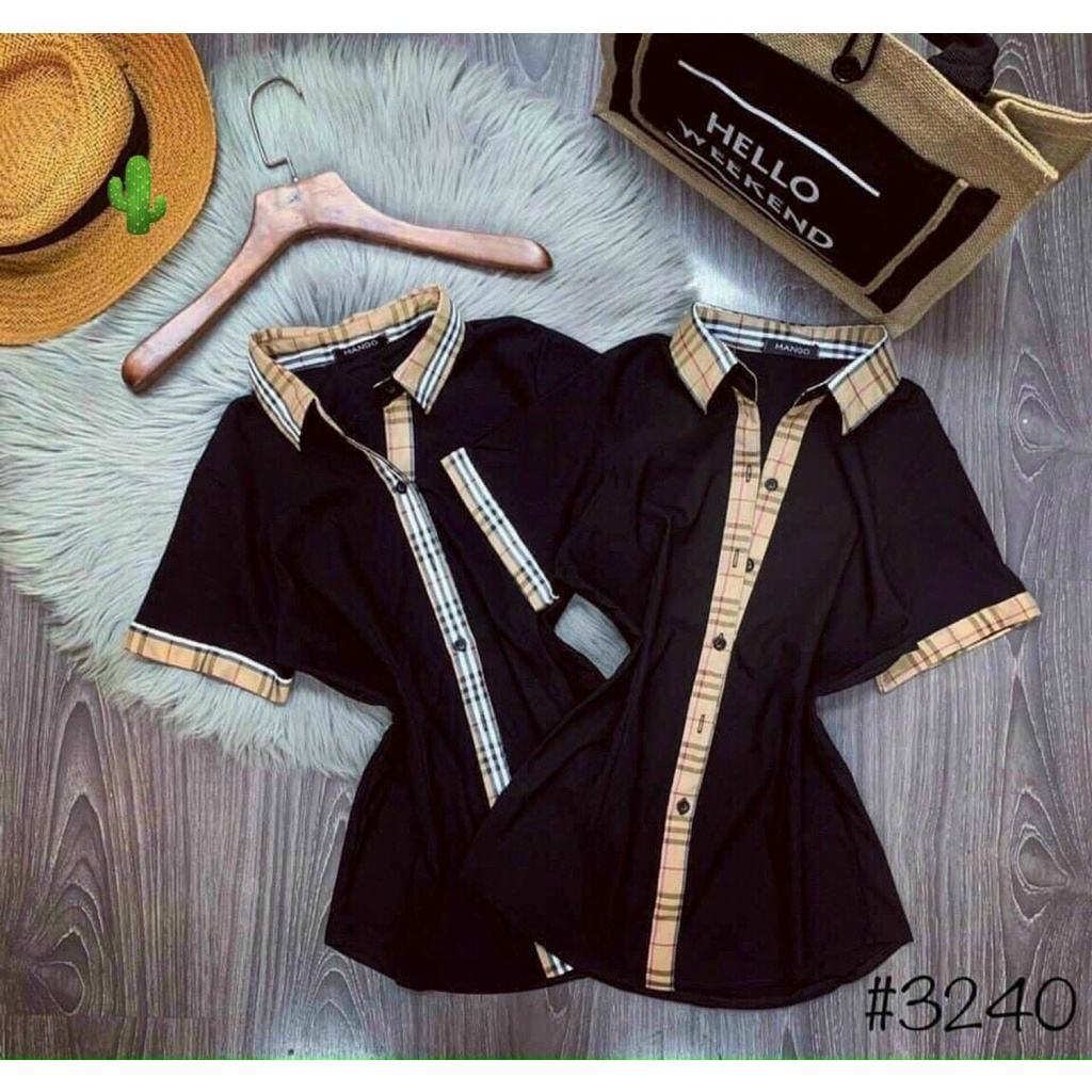 Áo Sơ Mi Trơn Ngắn Tay Phối Sọc Caro