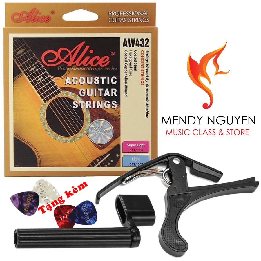 Combo phụ kiện đàn guitar 1 - Bộ dây đàn AW432, Capo, tay quay dây - tặng pick gãy