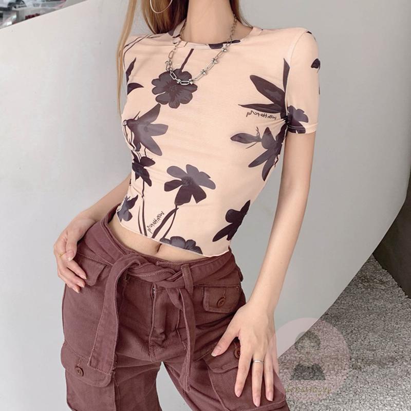 Áo Thun Ngắn Tay Cổ Tròn In Họa Tiết Hoa Thời Trang Mùa Hè Cho Nữ