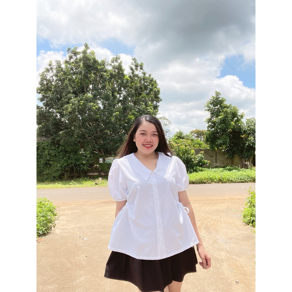 Áo Sơ Mi Kiểu Bigsize Nữ Rút Dây Chất Vải Lụa Mặc Mát Sang Chảnh Dễ Thương SM3