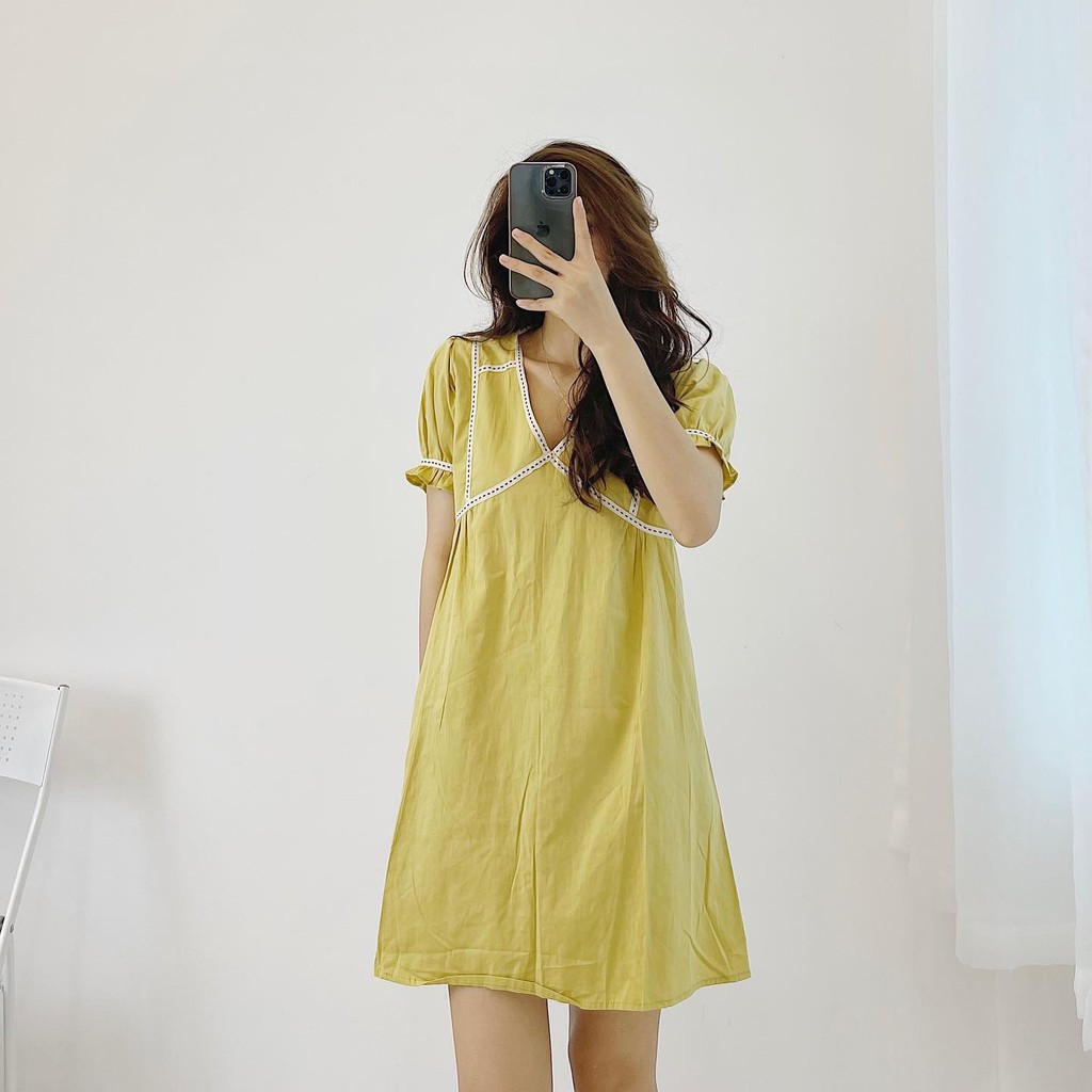 (FREESHIP) Đầm suông ngắn viền cổ chỉ nổi trắng