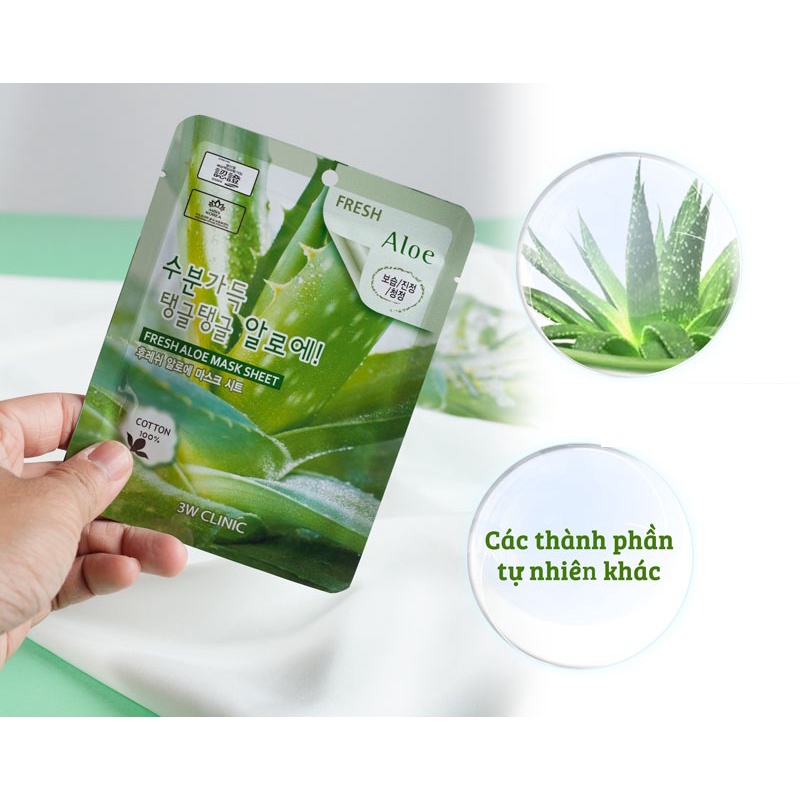 Combo 10 Mặt nạ dưỡng da cấp nước chiết xuất từ lô hội 3W CLINIC FRESH ALOE MASK SHEET 23ml X 10 - NHA ĐAM
