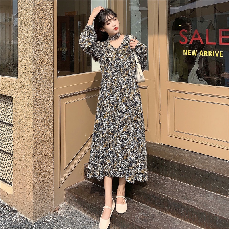IELGY  Đầm Cổ Chữ v Eo Cao Dáng Ôm In Họa Tiết Hoa Đơn Giản Thời Trang Cho Nữ