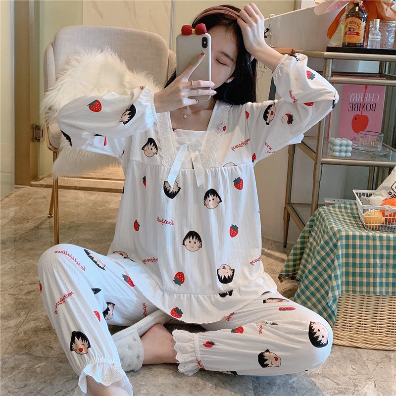 đồ ngủ pyjama nữ dài tay 2021 tân sinh viên hàn quốc dễ thương và ngọt ngào net ngôi nhà của người nổi tiếng Bộ đồ ha