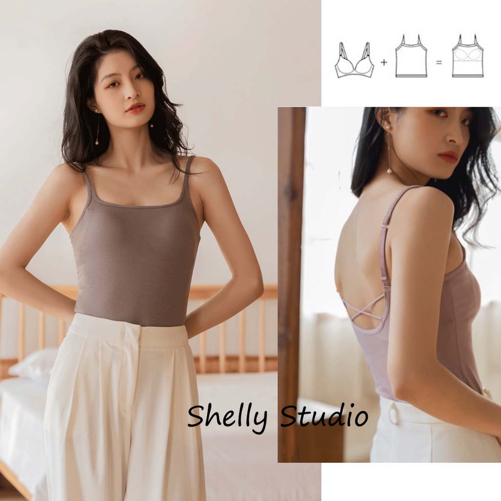 Áo Ngủ Sát Nách Cổ Vuông Dây Đan Chéo Mềm Mại Kiểu Nhật Bản Cho Nữ