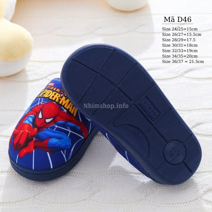 Dép bông cho bé trai đi trong nhà lót lông siêu mềm đế cao su dẻo chống trơn họa tiết siêu nhân spiderman thời trang D46