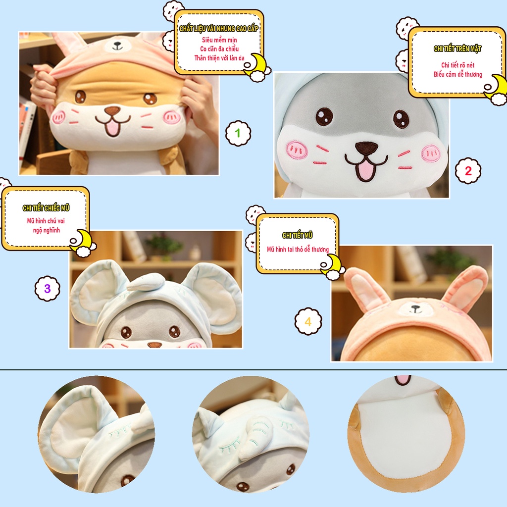 Gối ôm gấu bông chuột hamster mũ xanh siêu cute