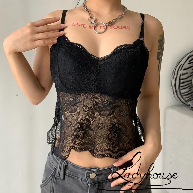 Áo tank top hai dây phối ren họa tiết bướm hở lưng có thể điều chỉnh thời trang mùa hè cho nữ