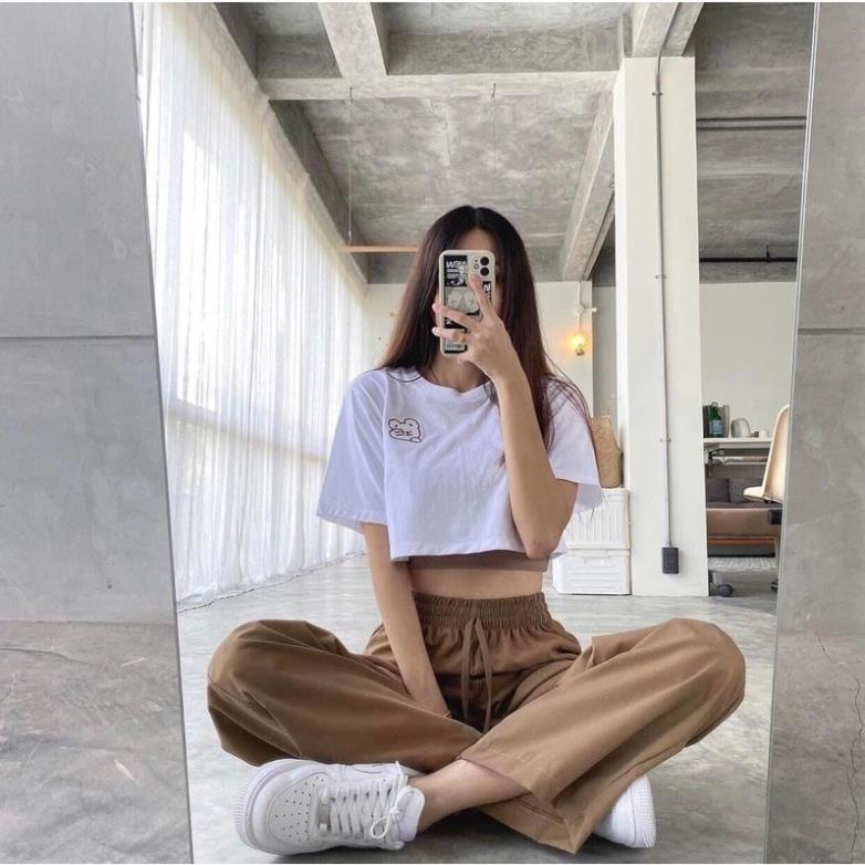 Sét 3 Món Croptop Thêu Hình Vintage- Bộ Thể Thao Kiểu Mới Ba Món Trẻ Trung Kèm Quần Ống Suông Culltes Dày Mịn Thoáng Mát