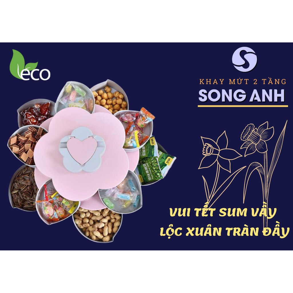 Khay Mứt Xoay, Hộp Đựng Mứt Tết Bánh Kẹo Mẫu Mới 2021 Song Anh 2 Tầng 10 Canh Có Rãnh Để Điện Thoại Màu Hồng