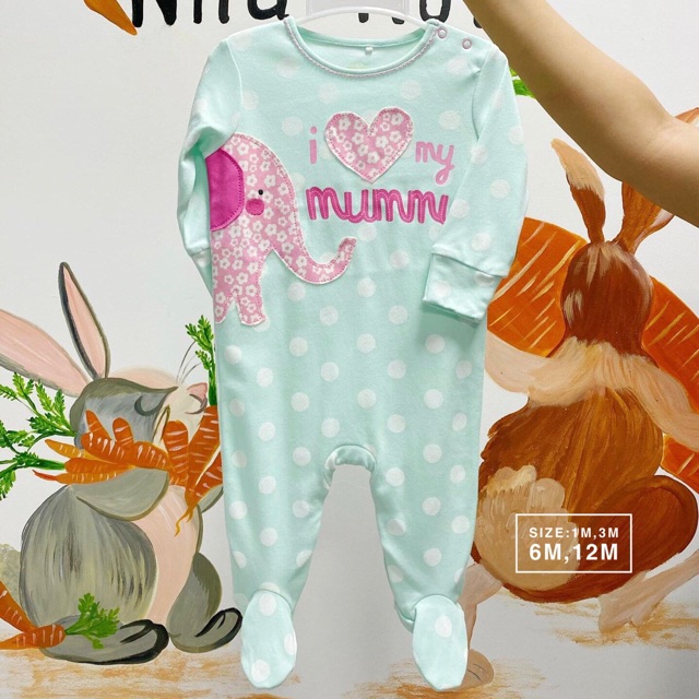 Body hàng ne.xt chất cotton-liền tất chấn bi hình voi nền xanh size:1m,3m