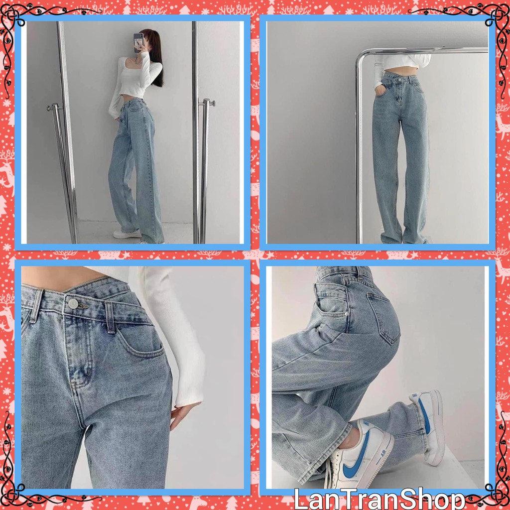 Quần Jean suông cạp lệch &lt;FREE SHIP&gt; Quần jean nữ hot trend