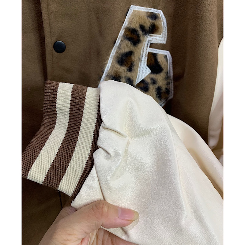 Áo bomber - Jacket varsity chính hãng chất dạ tay da cao cấp màu nâu