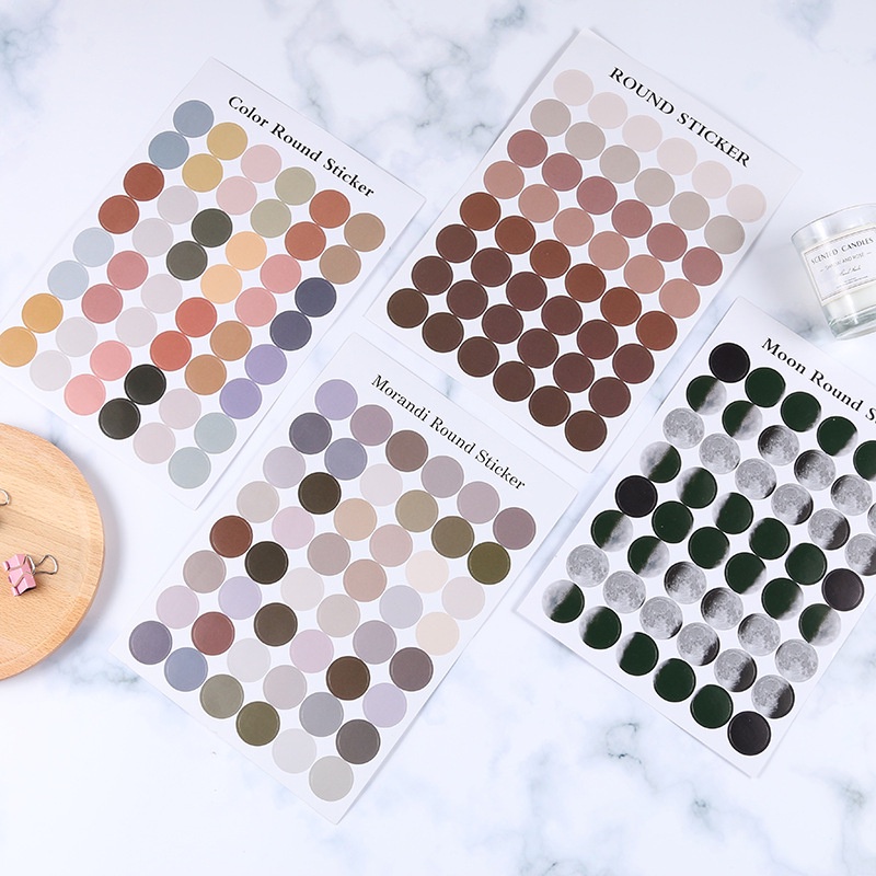 Set 48 sticker hình tròn nhiều màu sắc Morandi, miếng dán hình tròn trang trí sổ tay, bullet journal