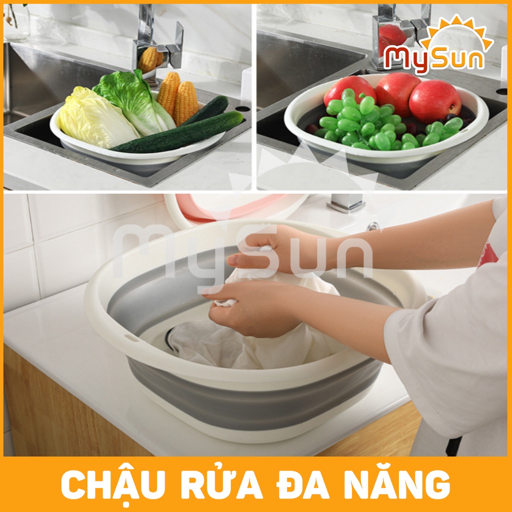 Thau chậu nhựa GẤP GỌN rửa mặt cho bé, rửa rau vuông treo tường size lớn (to 38cm, cao 14.5cm) MySun