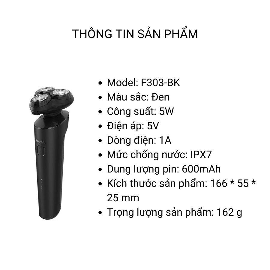 Máy cạo râu điện Showsee F303-BK 3 lưỡi cạo 3D Kháng nước IPX7 pin sạc cao cấp Citiso