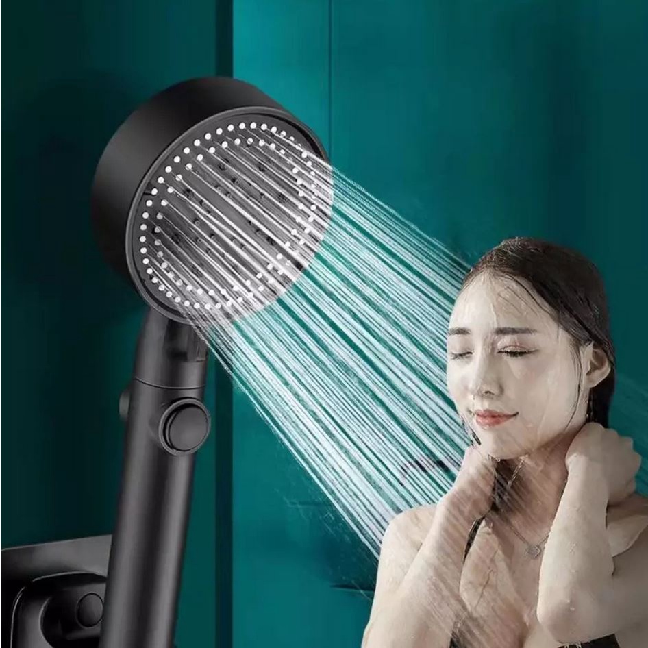 Bộ vòi sen, tay sen 5 chế độ nước phun sương màu Đen kèm dây sen  1.5m và cài dán Đen không cần khoan đục