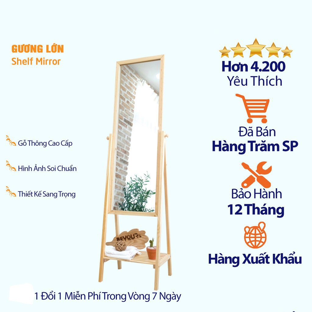 Gương Soi Toàn Thân FREESHIP Gương Di Động Kết Hợp Với Kệ - Gương Đứng Khung Gỗ Thông