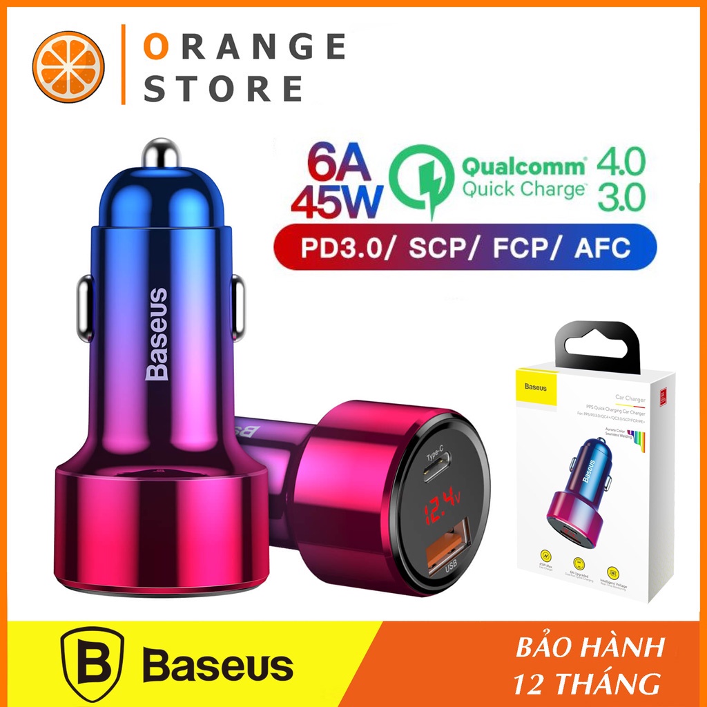 Tẩu Sạc ô tô 45W sạc nhanh đa năng Baseus dùng cho xe hơi 2 cổng sạc Type C và USB hỗ trợ PD và QC 3.0 - Phukienorangehy
