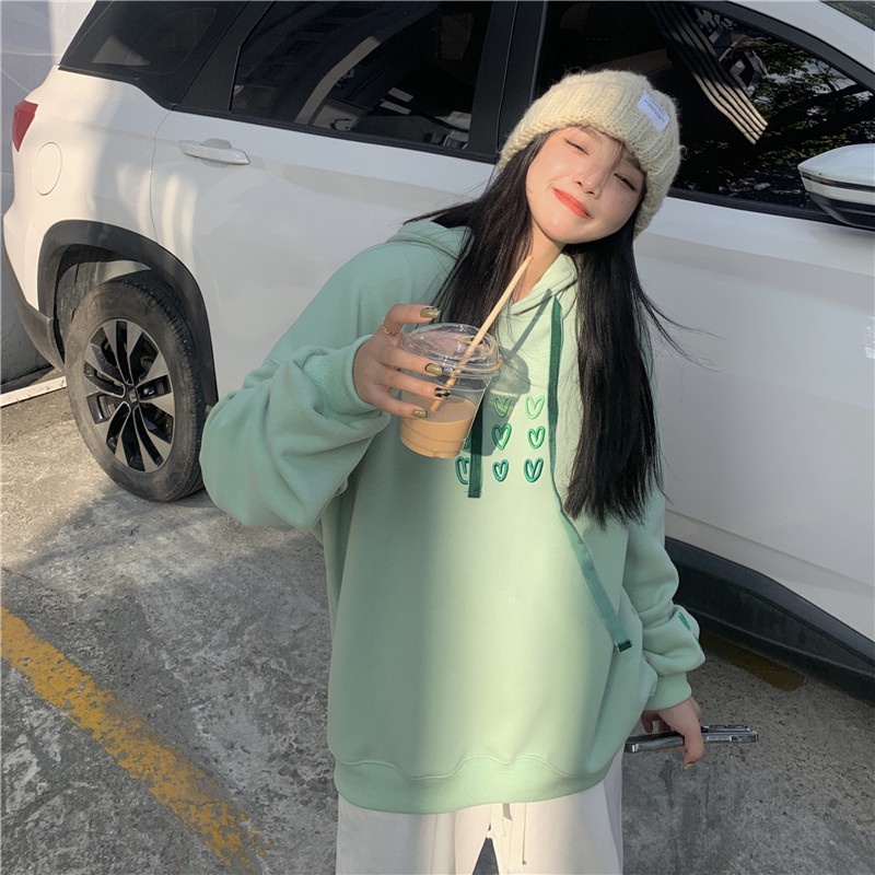 Porozi Áo khoác hoodie nữ  tay dài dáng rộng thoải mái phong cách Hàn Quốc