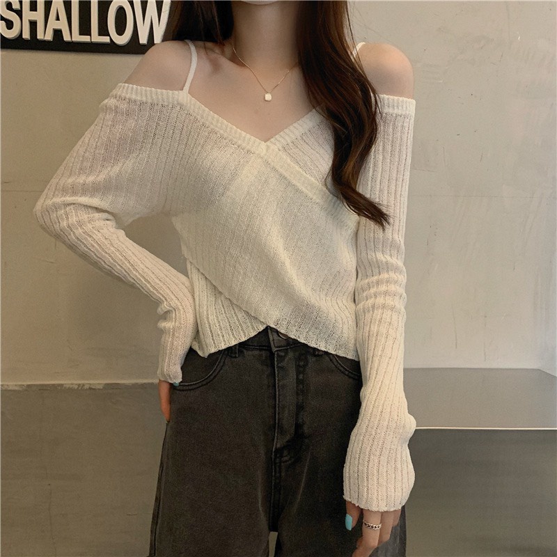 (ảnh thật) Áo len mỏng xẻ vai