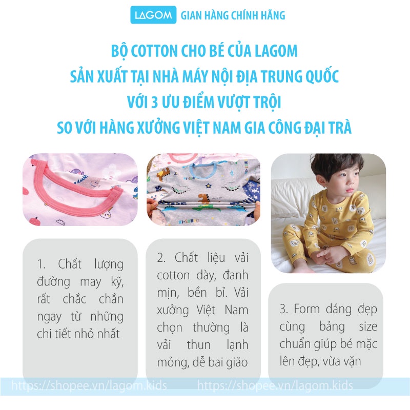 [COTTON ĐANH MỊN] Bộ Thu Đông Bé Trai, Bé Gái Cotton Dài Tay Lagom