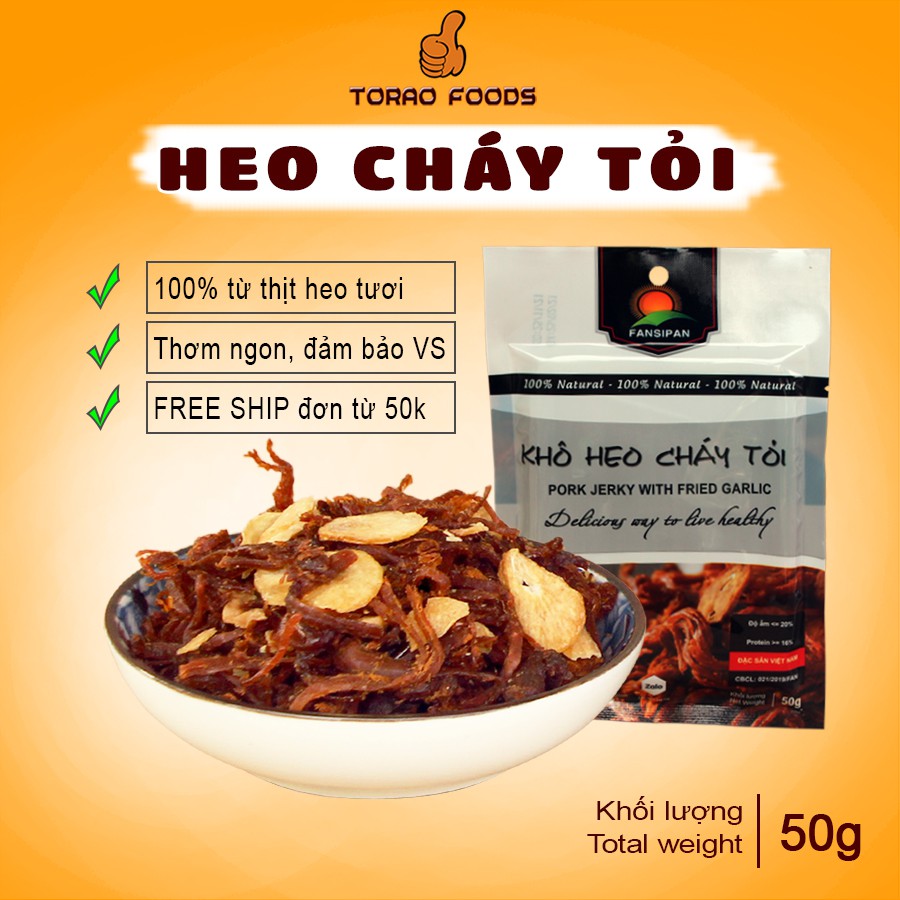 Khô heo cháy tỏi Fansipan 50g, khô heo cháy tỏi cao cấp thơm ngon đảm bảo An toàn Vệ sinh, Torao foods - ăn vặt ngon