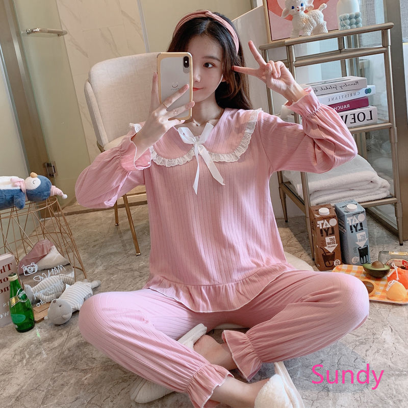 Set pyjama cotton màu trơn thu đông cho nữ