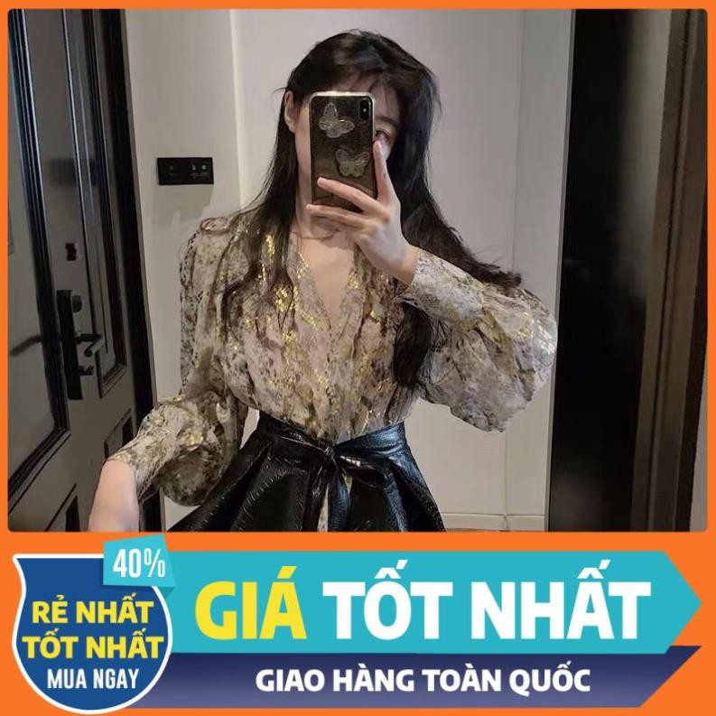 HÀNG ĐỘC QUYỀN QC Áo sơmi nữ tay dài hoạ tiết rằn ri rắn lụa mỏng form rộng tay phồng